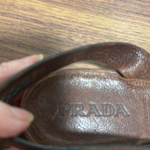 Vintage Prada Brown Flat Leather Sling Back Open Toe Shoes. Size 7.5. - Picture 5 of 6